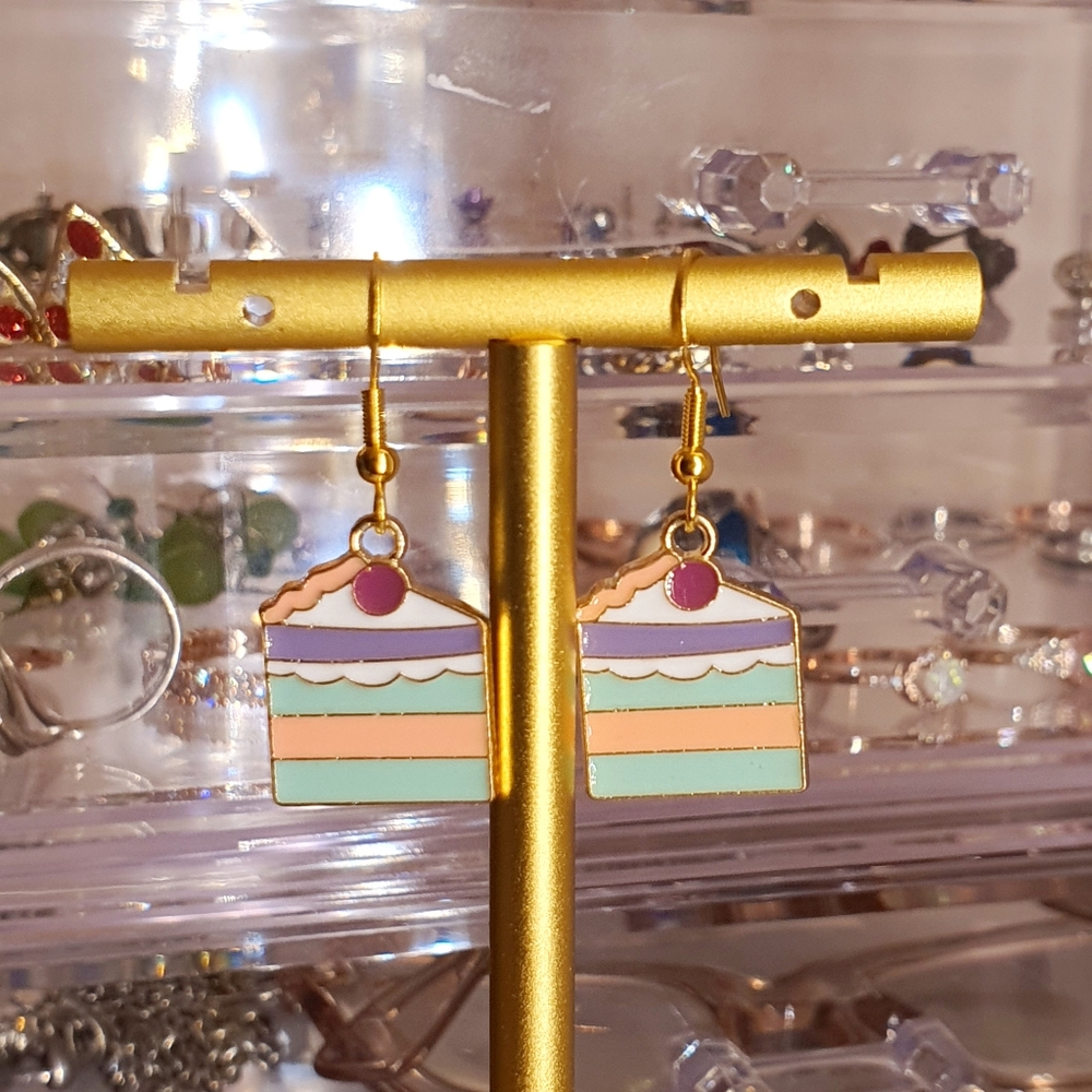 Cake Slice Enamel Gold Metal Earings